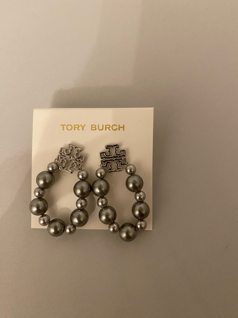 Tory Burch Gunmetal Pearl Hoop Earrings With Silver Logo, Nwt